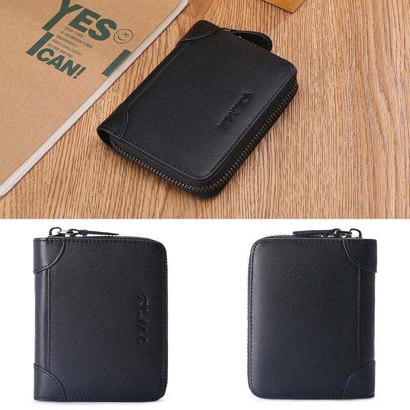 FALAN MULE محفظة فالن مولي للرجال جلد طبيعي قصيرة مع حجب RFID بسحاب حول محفظة ثنائية الطي (أسود) - Image 2